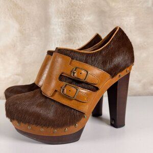 UGG Brown Haircalf & Leather HEELS Clogs With Double Buckle & Studs 7.5